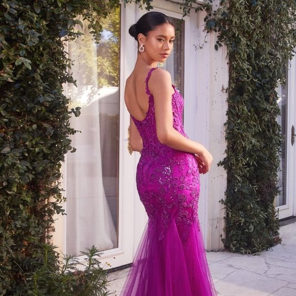 NEW LONG FORMAL TULLE MERMAID GOWN EMBROIDERED WITH FLORAL LACE & BEADS CD A1231 - Picture 7 of 9